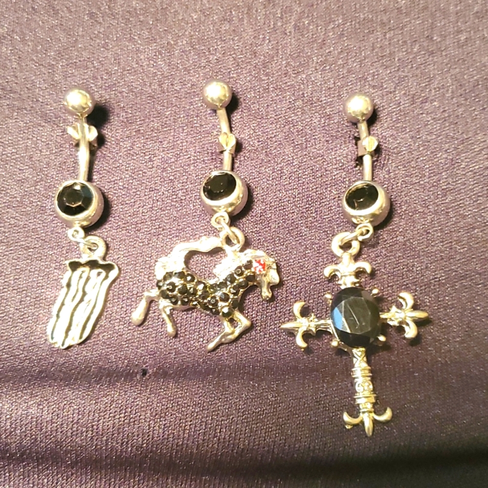Belly button ring 3 piece set jeweled monster logo, cross
